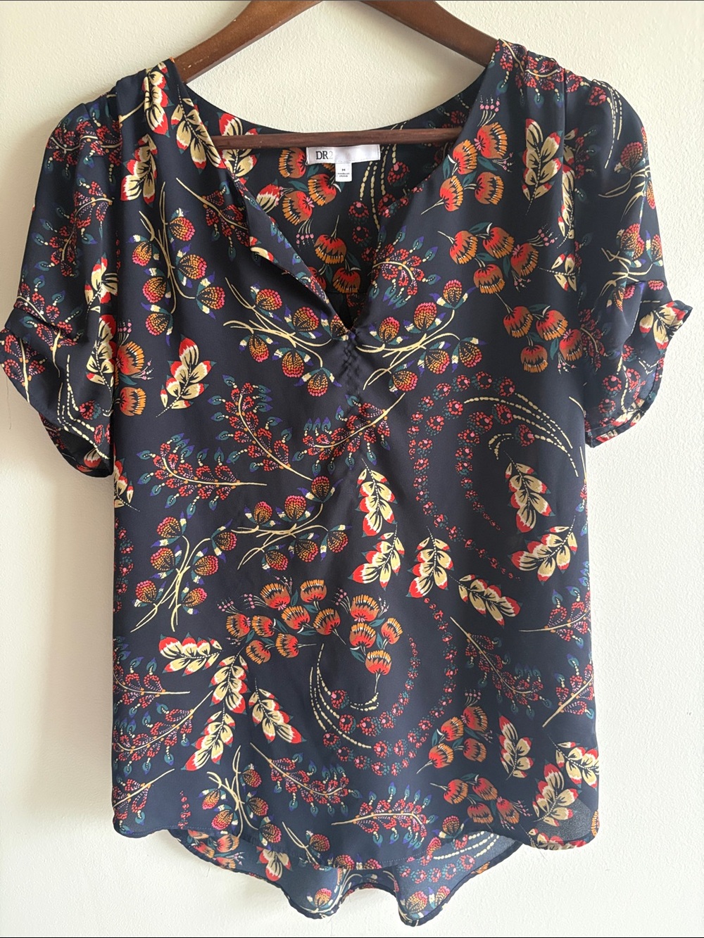 DR2 Navy Floral Paisley Boho Blouse Medium
